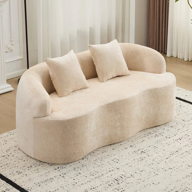Beige Curved Chenille Loveseat Sofa With Pillows - Omega Lifestyles