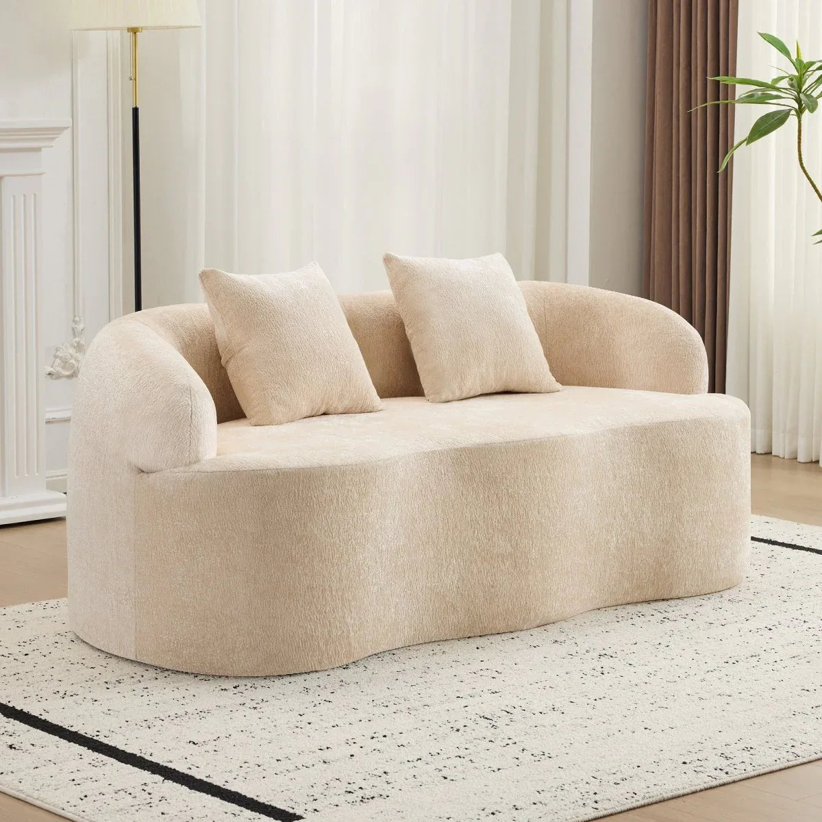 Beige Curved Chenille Loveseat Sofa With Pillows - Omega Lifestyles