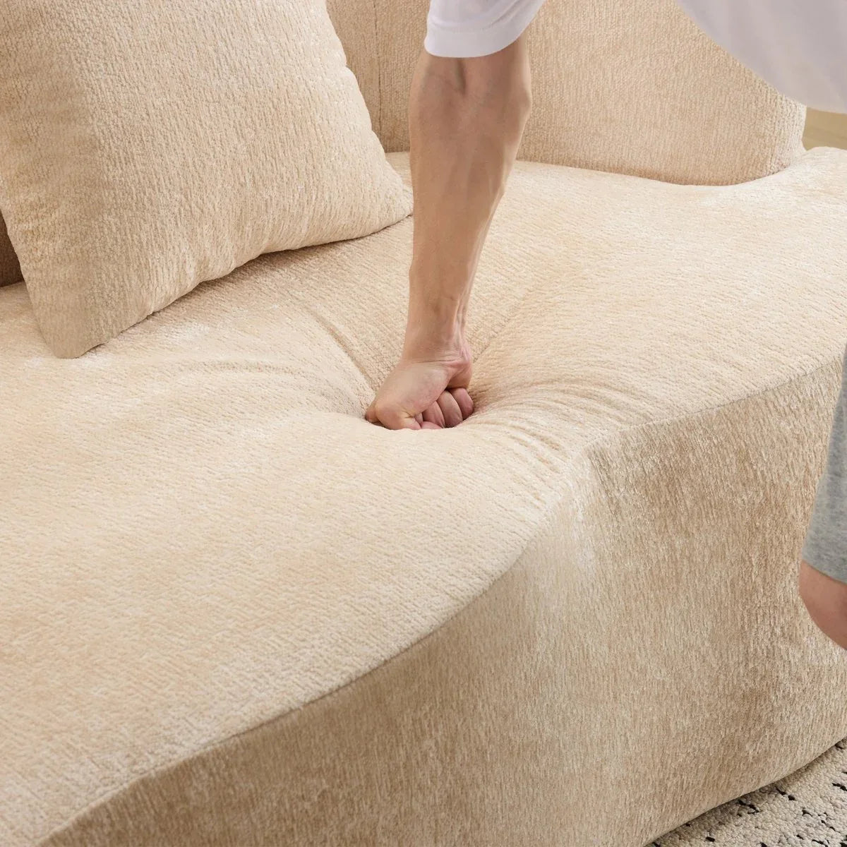 Beige Curved Chenille Loveseat Sofa With Pillows - Omega Lifestyles