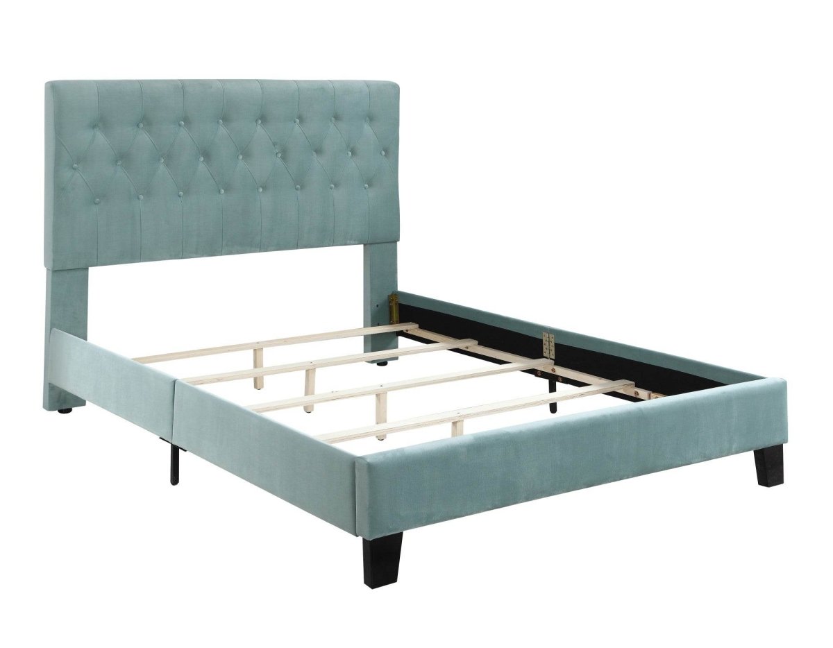 California King Blue Upholstered Solid Wood Bed Frame - Veluna - Omega Lifestyles