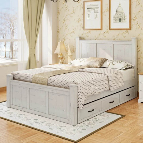 Farmhouse Wooden Panel Poster Bed Frame With Storage Drawers - Omega Lifestyles