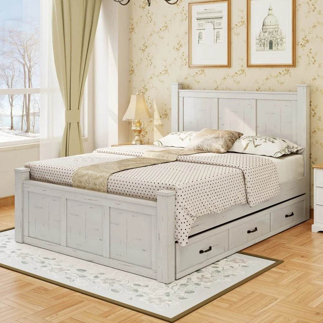 Farmhouse Wooden Panel Poster Bed Frame With Storage Drawers - Omega Lifestyles