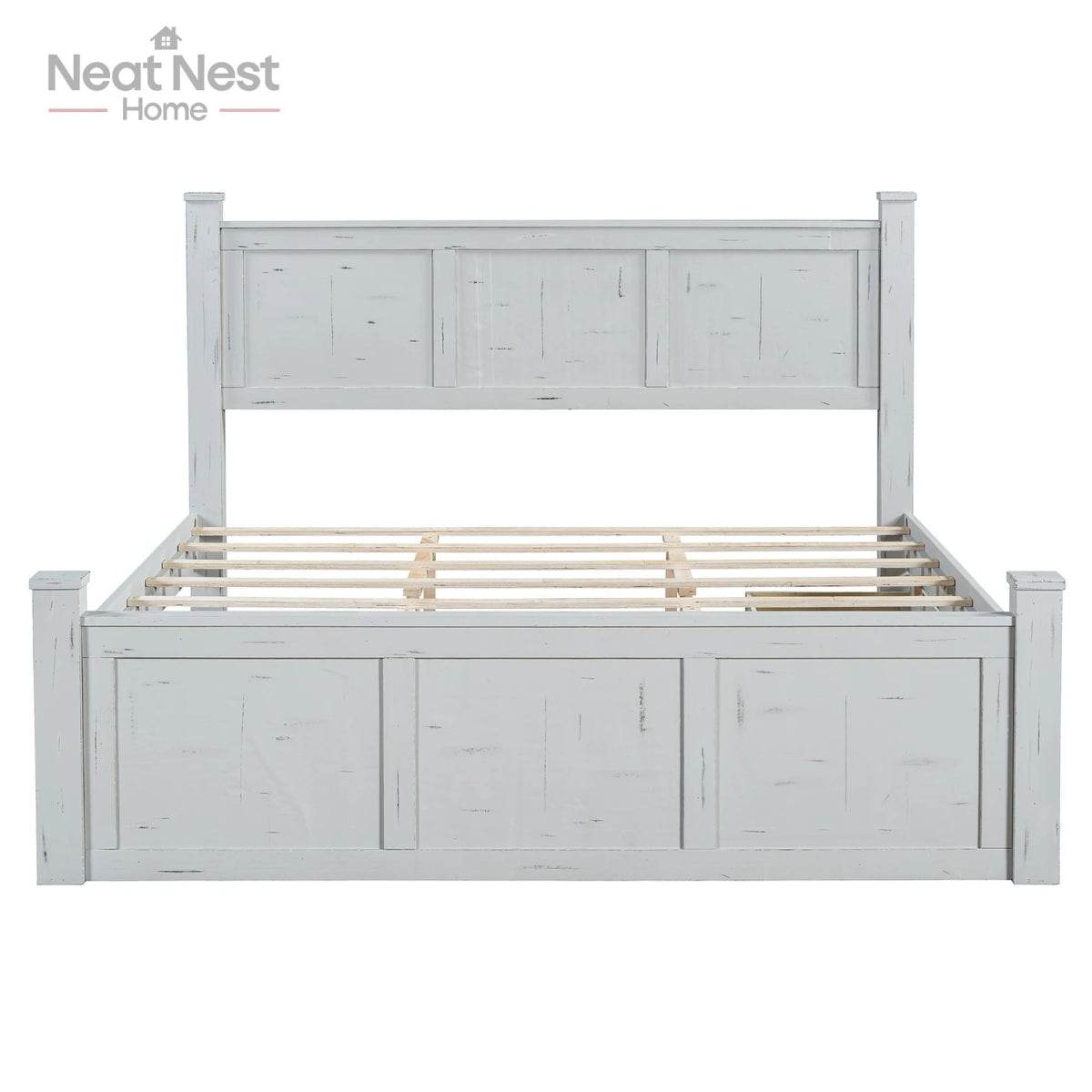 Farmhouse Wooden Panel Poster Bed Frame With Storage Drawers - Omega Lifestyles