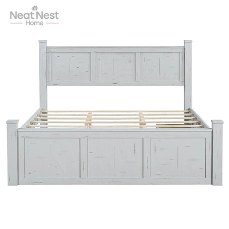 Farmhouse Wooden Panel Poster Bed Frame With Storage Drawers - Omega Lifestyles