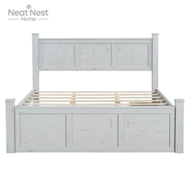 Farmhouse Wooden Panel Poster Bed Frame With Storage Drawers - Omega Lifestyles