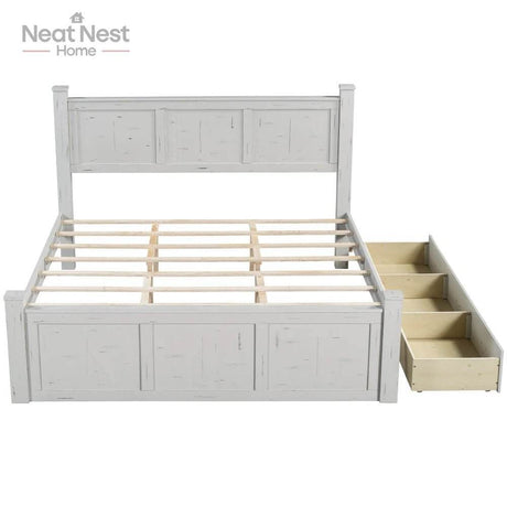 Farmhouse Wooden Panel Poster Bed Frame With Storage Drawers - Omega Lifestyles