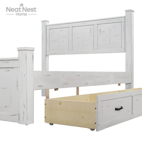 Farmhouse Wooden Panel Poster Bed Frame With Storage Drawers - Omega Lifestyles