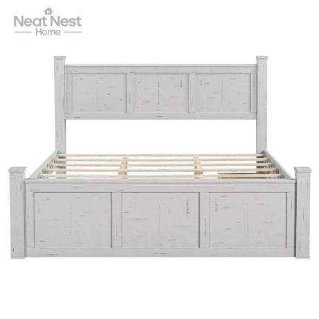 Farmhouse Wooden Panel Poster Bed Frame With Storage Drawers - Omega Lifestyles