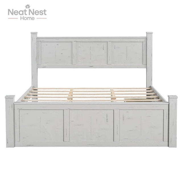 Farmhouse Wooden Panel Poster Bed Frame With Storage Drawers - Omega Lifestyles
