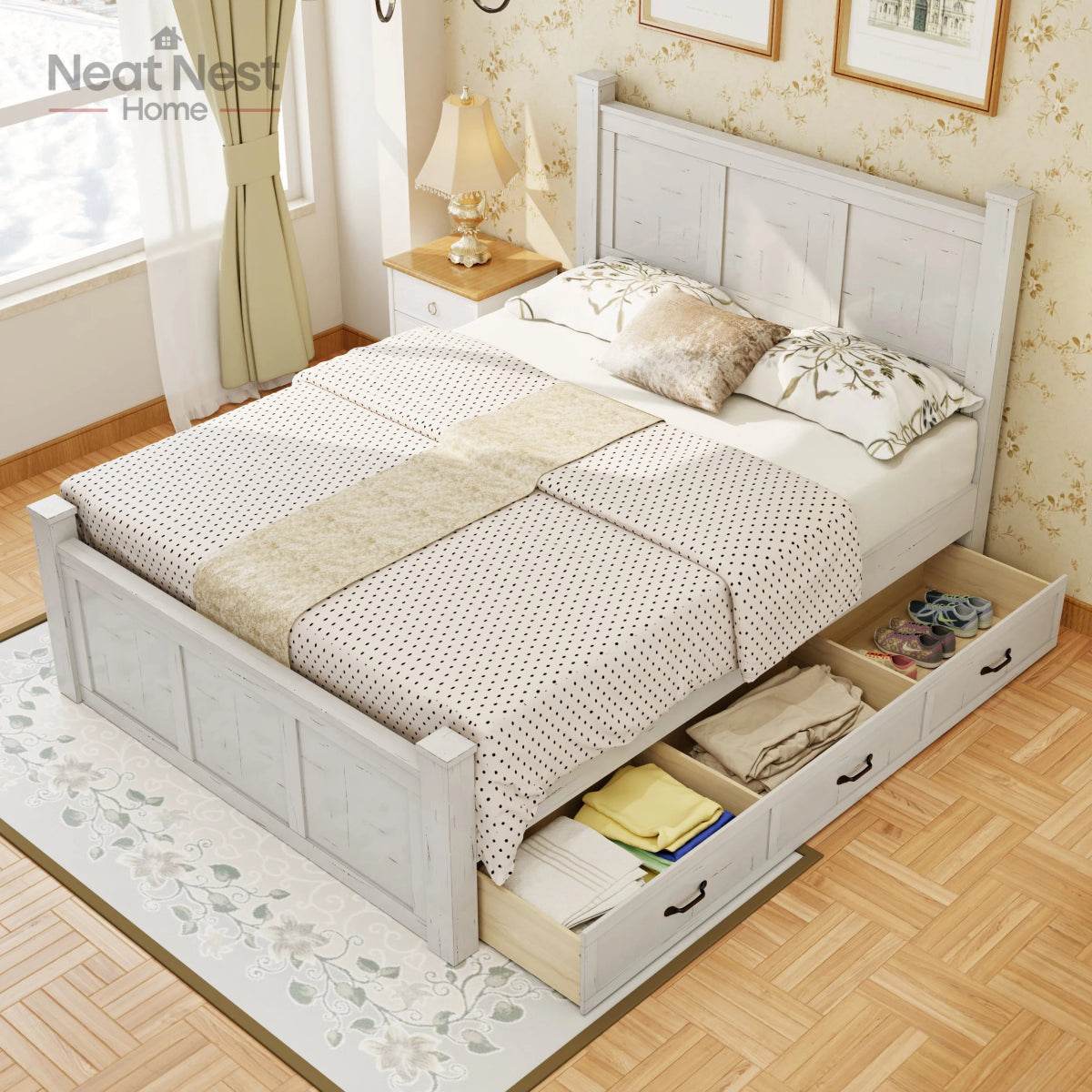 Farmhouse Wooden Panel Poster Bed Frame With Storage Drawers - Omega Lifestyles