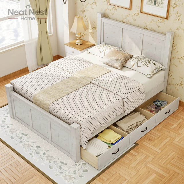 Farmhouse Wooden Panel Poster Bed Frame With Storage Drawers - Omega Lifestyles