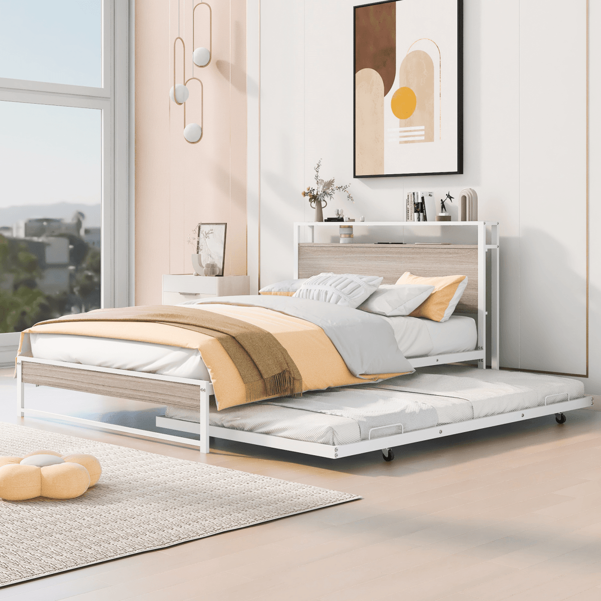 Full Metal Platform Bed Frame With Trundle USB Ports - Sleep Galleria