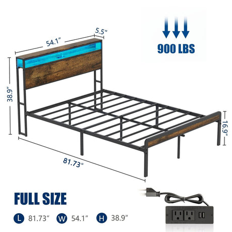 Full Rustic Brown Metal Full Bed Frame With Charging - Veluna - Omega Lifestyles