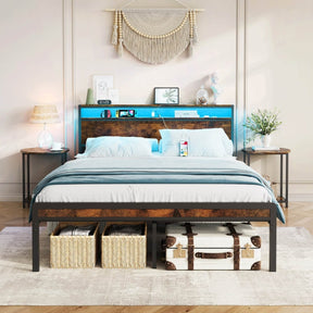 Full Rustic Brown Metal Full Bed Frame With Charging - Omega Lifestyles