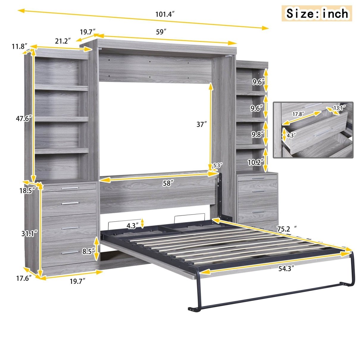 Full Size Gray Murphy Bed With Storage Drawers - Sleep Galleria