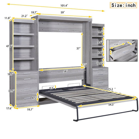 Full Size Gray Murphy Bed With Storage Drawers - Sleep Galleria