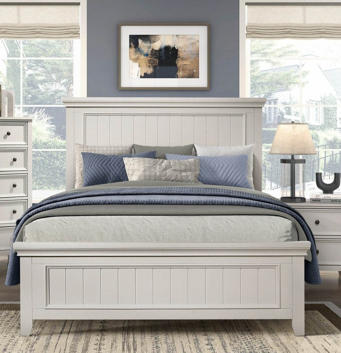 Full White Wood Farmhouse Panel Bed Frame - Veluna - Omega Lifestyles