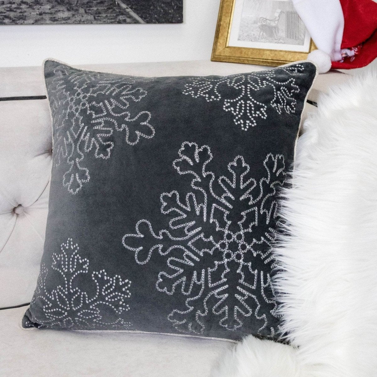 Gray Velvet Holiday Throw Pillow With Silver Snowflake Embroidery - Veluna - Omega Lifestyles