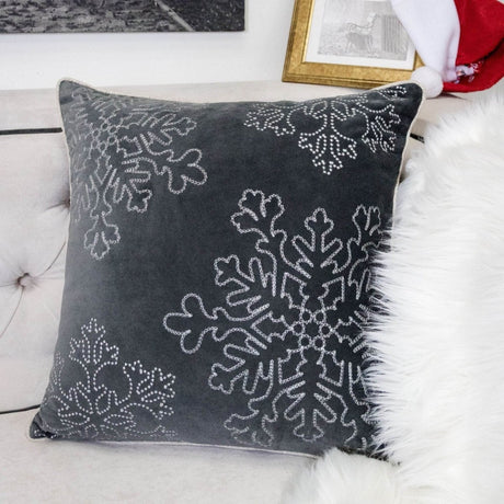 Gray Velvet Holiday Throw Pillow With Silver Snowflake Embroidery - Veluna - Omega Lifestyles