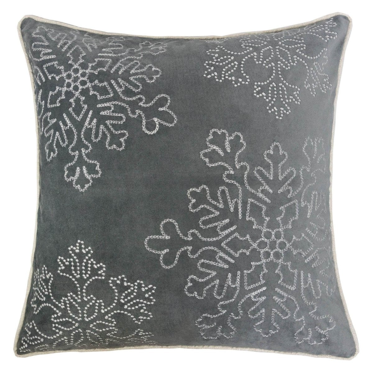 Gray Velvet Holiday Throw Pillow With Silver Snowflake Embroidery - Veluna - Omega Lifestyles