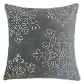 Gray Velvet Holiday Throw Pillow With Silver Snowflake Embroidery - Omega Lifestyles