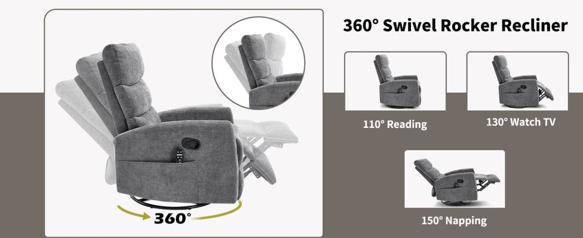 Heat Massage Recliner Chair With Swivel Rocker And Lumbar - Veluna - Omega Lifestyles
