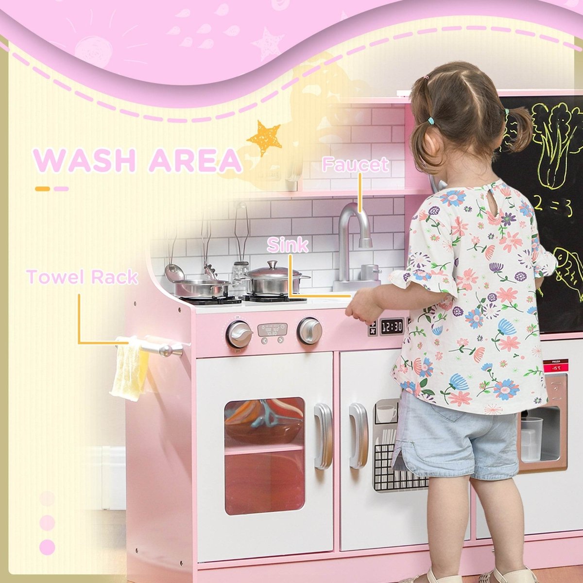 Kids MDF Play Kitchen Set With Accessories and Chalkboard - Veluna - Omega Lifestyles