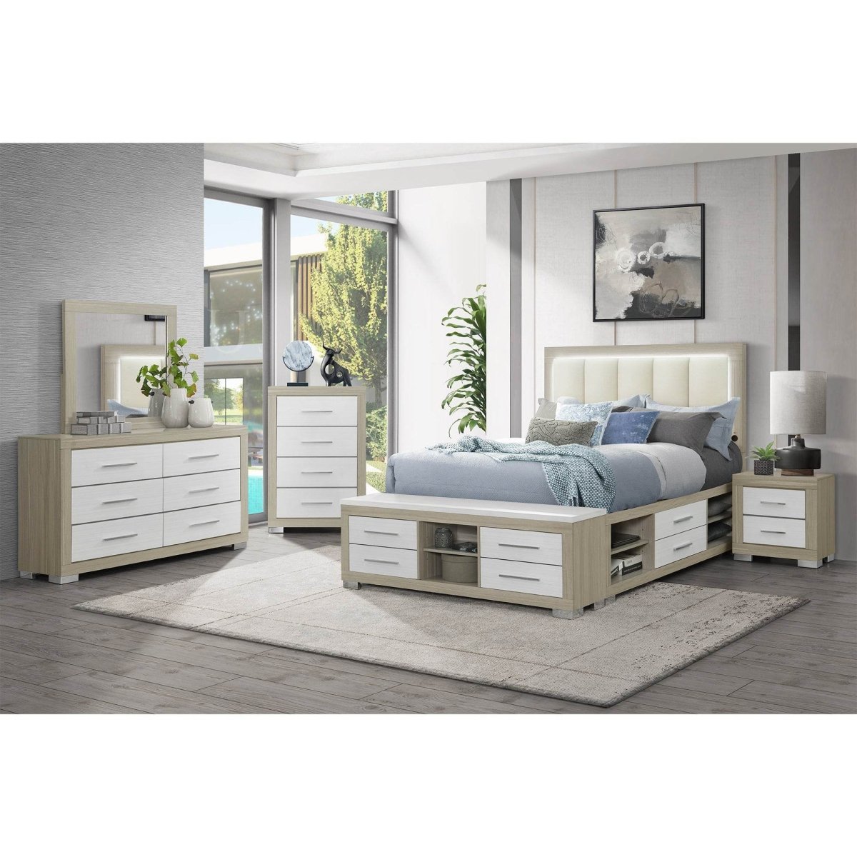 King Modern Rubber Wood Panel Bed Frame With Storage - Veluna - Omega Lifestyles