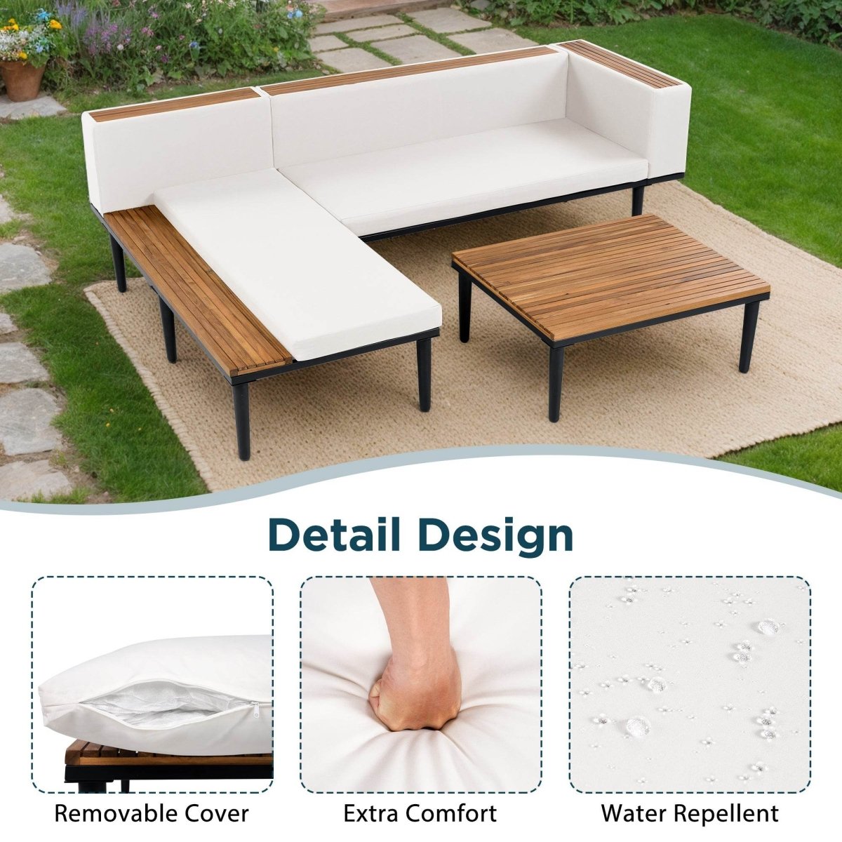 L-Shaped Acacia Wood Outdoor Patio Sofa Set With Cushions - Sleep Galleria