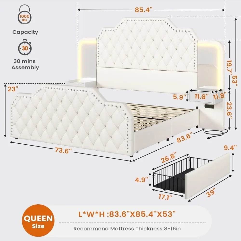 Leather Upholstered Bed Frame With Storage Drawers And LED Charging - Omega Lifestyles