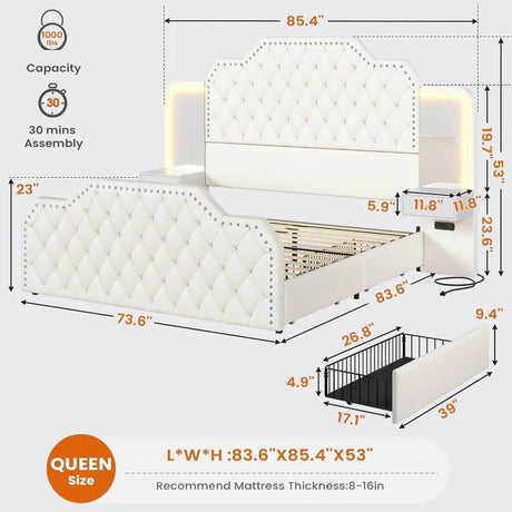 Leather Upholstered Bed Frame With Storage Drawers And LED Charging - Omega Lifestyles