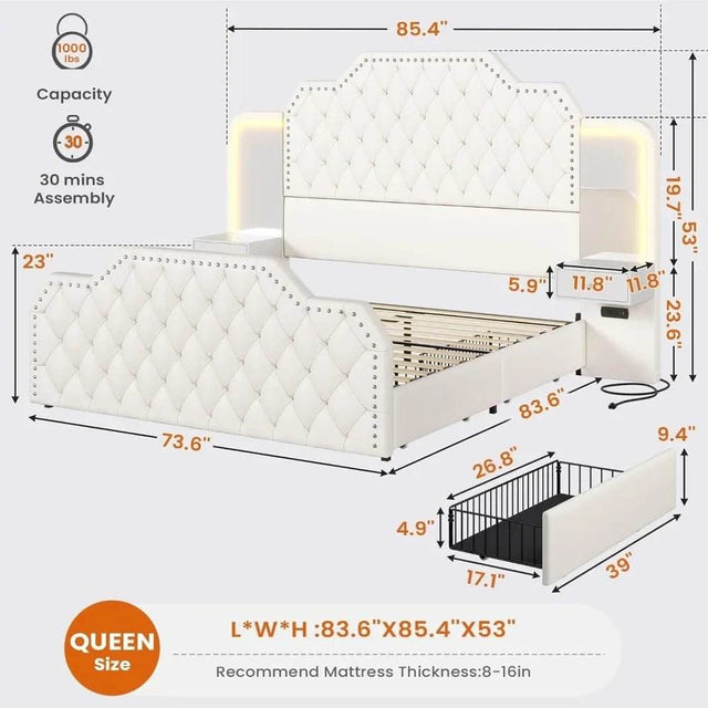 Leather Upholstered Bed Frame With Storage Drawers And LED Charging - Omega Lifestyles