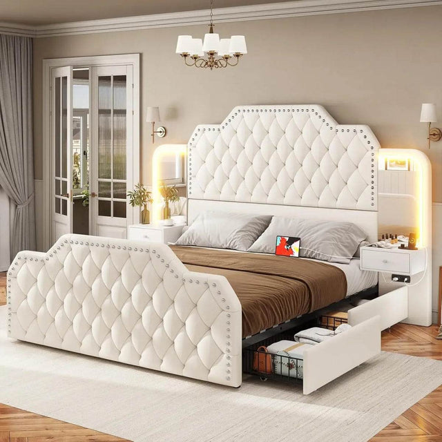 Leather Upholstered Bed Frame With Storage Drawers And LED Charging - Omega Lifestyles