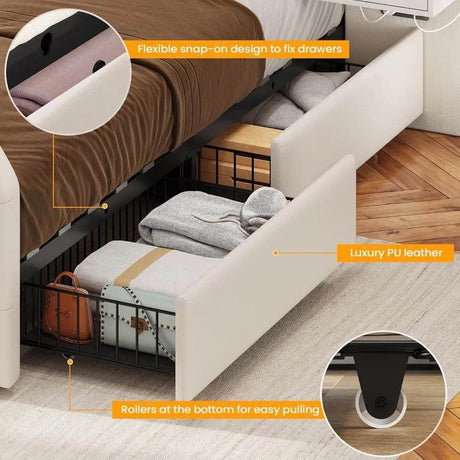 Leather Upholstered Bed Frame With Storage Drawers And LED Charging - Omega Lifestyles