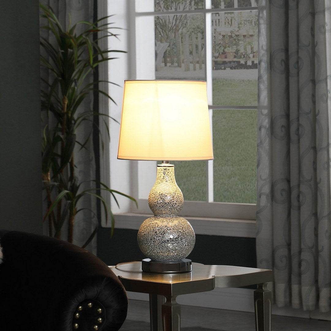 Mirror Glass Mosaic Polyresin White Semi-Drum Table Lamp - Sleep Galleria