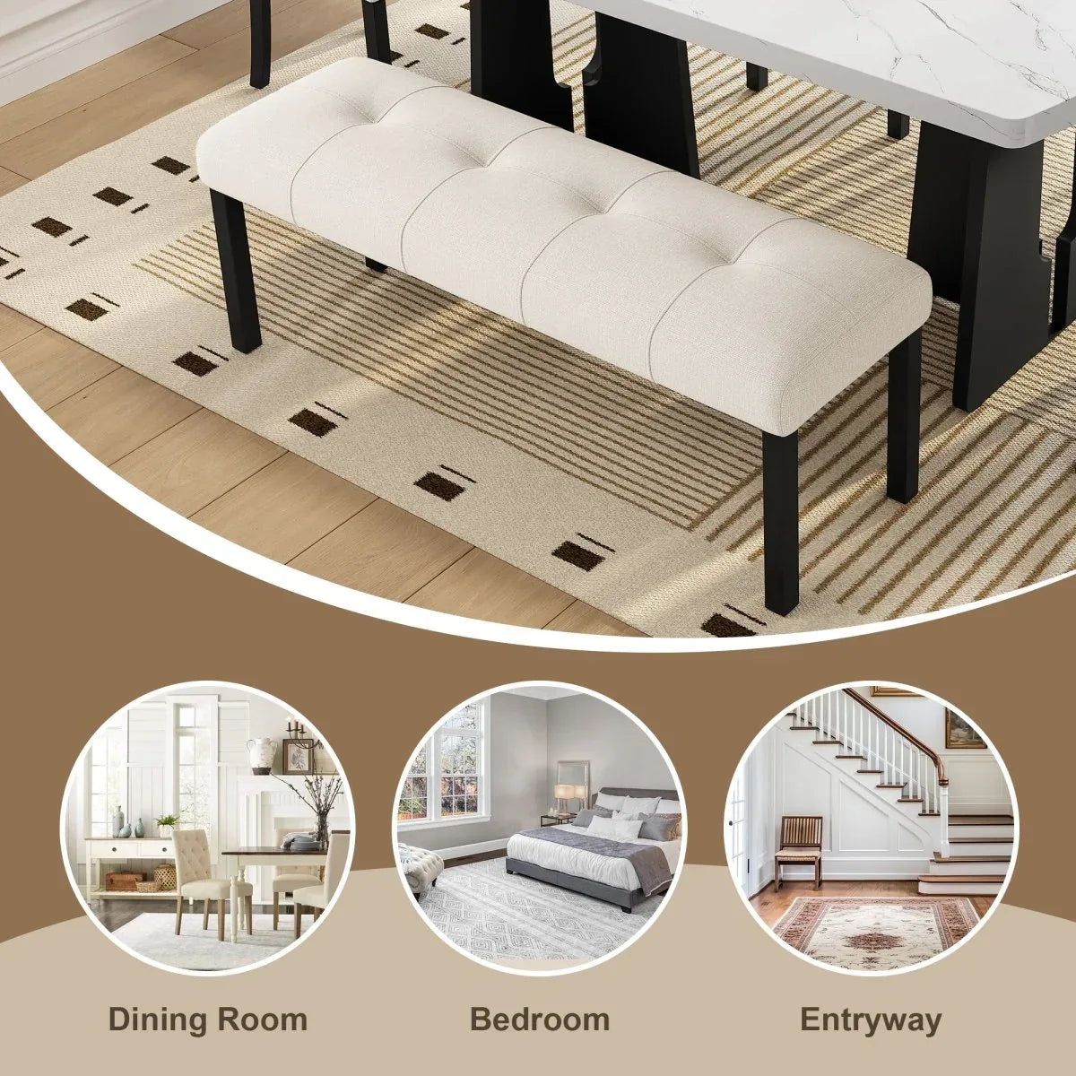 Modern Tufted Linen Upholstered Rubber Wood Bench - Omega Lifestyles