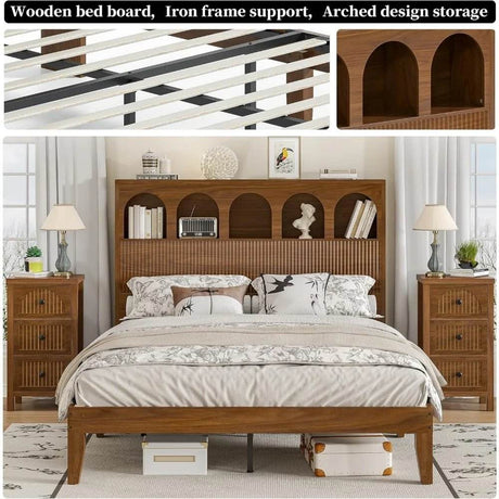 Modern Wooden Bed Frame With Arched Storage Headboard - Omega Lifestyles