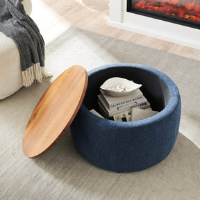 Multipurpose Navy Fabric Storage Ottoman With Removable Top - Omega Lifestyles