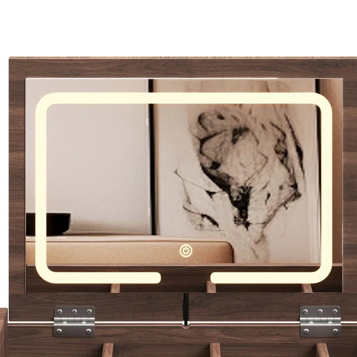 Retro Bohemian Walnut Wooden Makeup Vanity Set With LED Lights - Omega Lifestyles