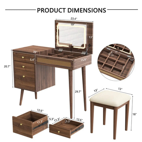 Retro Bohemian Walnut Wooden Makeup Vanity Set With LED Lights - Omega Lifestyles