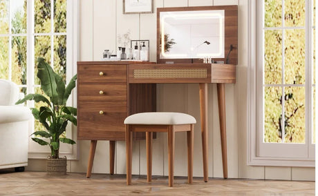 Retro Bohemian Walnut Wooden Makeup Vanity Set With LED Lights - Omega Lifestyles