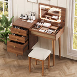 Retro Bohemian Walnut Wooden Makeup Vanity Set With LED Lights - Omega Lifestyles