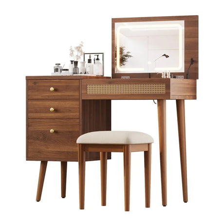 Retro Bohemian Walnut Wooden Makeup Vanity Set With LED Lights - Omega Lifestyles