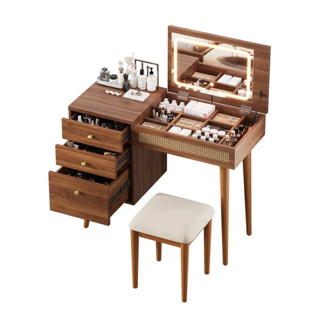 Retro Bohemian Walnut Wooden Makeup Vanity Set With LED Lights - Omega Lifestyles