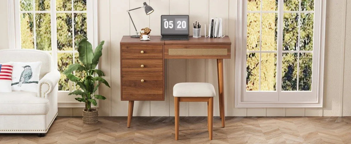 Retro Bohemian Walnut Wooden Makeup Vanity Set With LED Lights - Omega Lifestyles