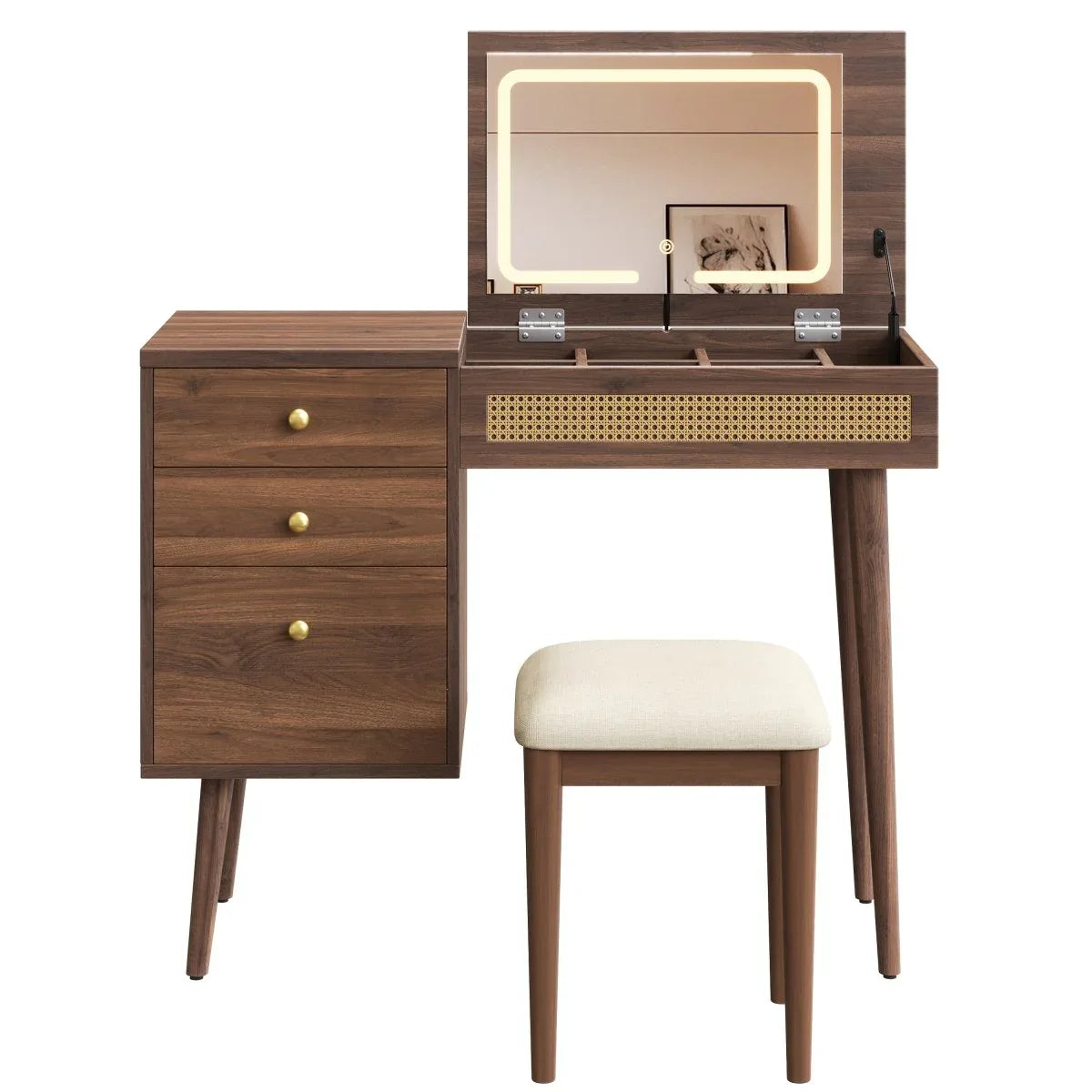 Retro Bohemian Walnut Wooden Makeup Vanity Set With LED Lights - Omega Lifestyles