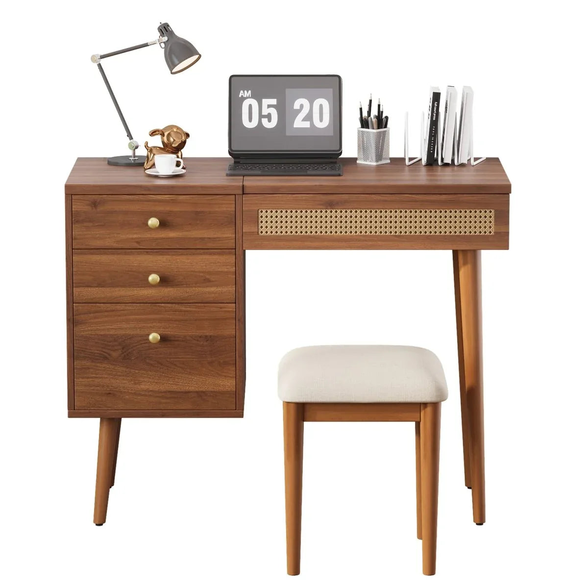 Retro Bohemian Walnut Wooden Makeup Vanity Set With LED Lights - Omega Lifestyles