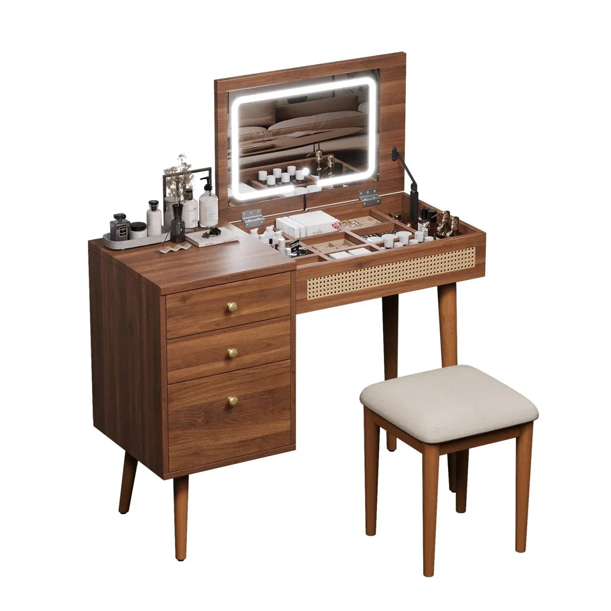 Retro Bohemian Walnut Wooden Makeup Vanity Set With LED Lights - Omega Lifestyles