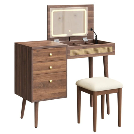 Retro Bohemian Walnut Wooden Makeup Vanity Set With LED Lights - Omega Lifestyles