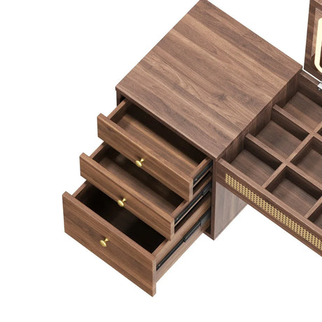 Retro Bohemian Walnut Wooden Makeup Vanity Set With LED Lights - Omega Lifestyles